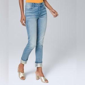White House Black Market Slim Crop Mid Rise Foil Cuff Denim Jeans Size 2